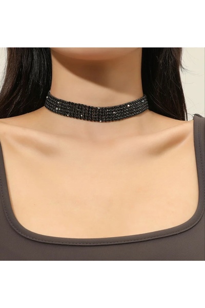 MutluBiDünya Vintage Siyah Renk Taşlı Choker Kolye
