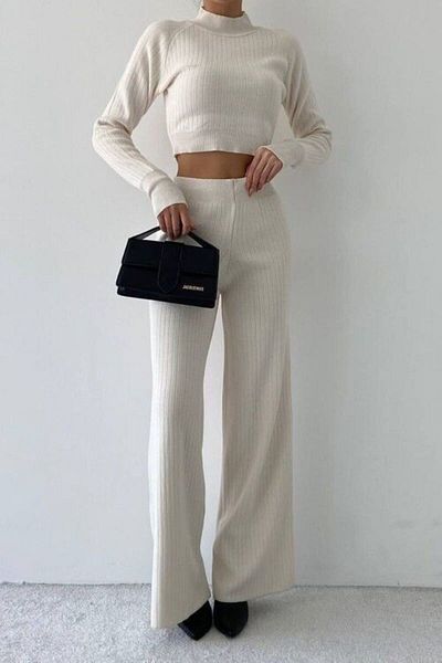 ÖZGESTORE WOMEN'S Half Fisherman's Knitted Crop Sweater Trousers Knitwear Top and Bottom Set