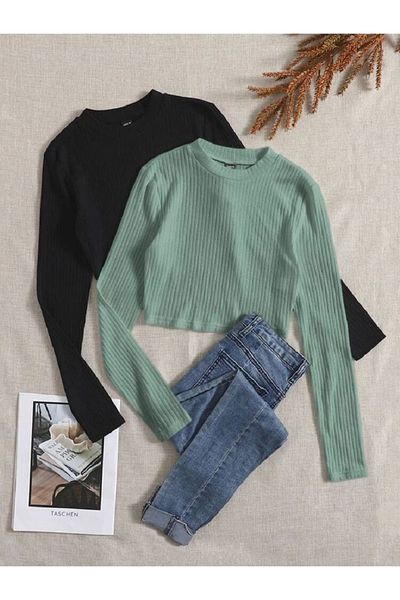 Lorya Giyim Women's 2-Pack 100% Cotton Ribbed Camisole Crew Neck Long Sleeve Crop Blouse