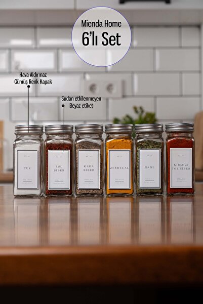 Mienda Home Mienda Home 6'lı Cam Baharatlık Seti Gümüş Kapak Ve Beyaz Etiketl...