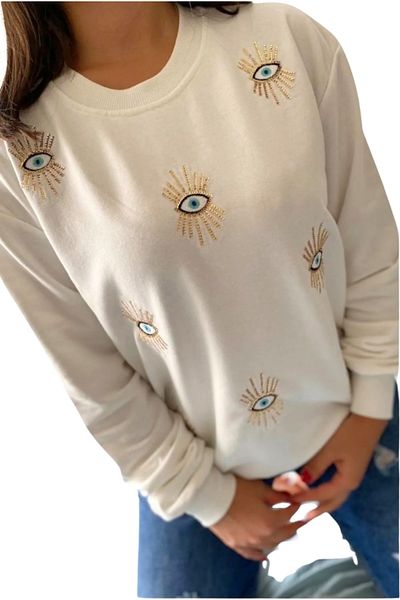 Cassime Women's New Season White Eye Sequin and Embroidery 100% Cotton Oversize Sweatshirt