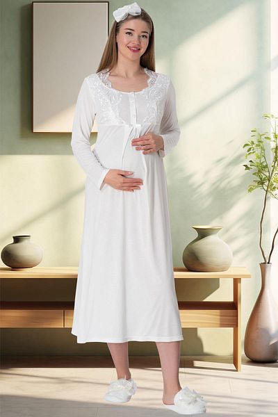 Mecit Pijama Mecit 5354 Ecru Νυχτικό εγκυμοσύνης με Πρωινό