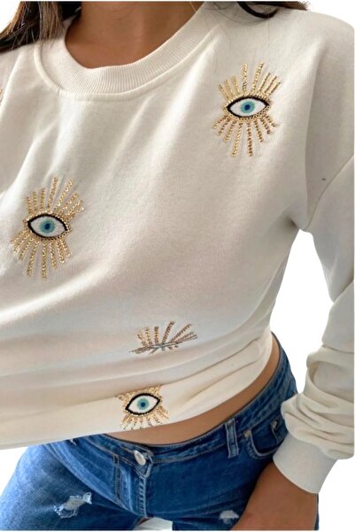 Cassime Γυναικεία νέα σεζόν White Eye Sequins and Embroidery Κεντημένη 100% βαμβακερή φούτερ oversize