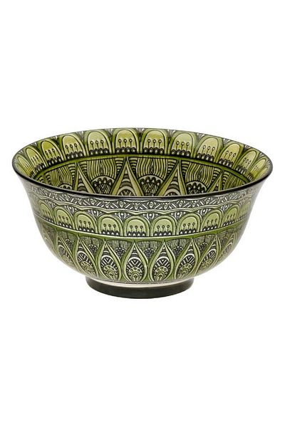 VonaHome Green Patterned Ceramic Bowl - 4 Snack Bowl Sauce Bowl - 12X6 cm