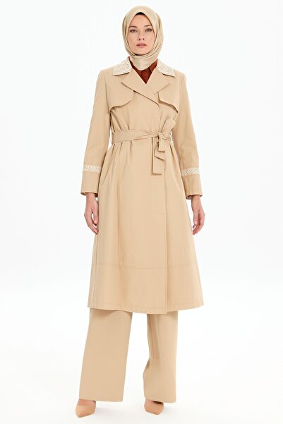 Tuğba Dantel Garnili Kuşaklı Trençkot - Bej