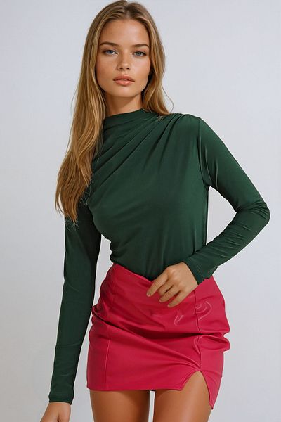 VAGGON Emerald Green Draped Crop Μπλούζα - Stand Collar Vgn-x9554