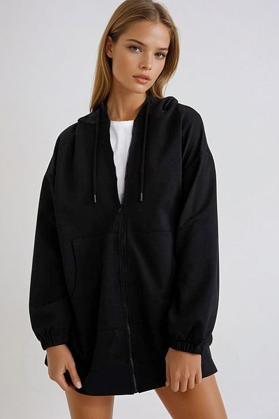 VAGGON Women's Black Hooded Double Pocket Zippered Oversize Sweatshirt Prmx667-001