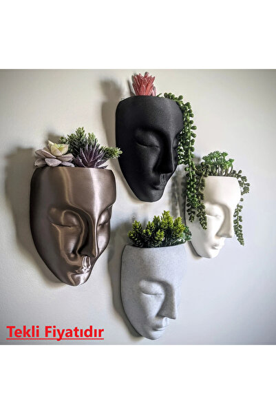 Cem3d Dekoratif siyah mermer renkli kadın yüzü duvar saksısı 15cm