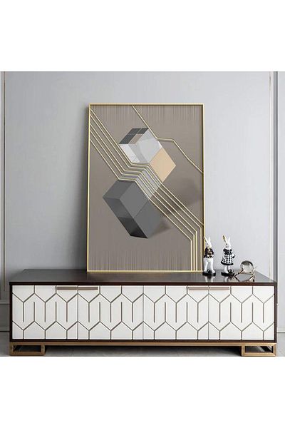 Linacci Set de picturi din sticlă cu poster geometric gri cu un singur cadru metalic auriu
