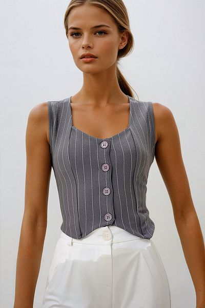 VAGGON Women's Gray Heart Collar Buttoned Striped Vest Prm1229