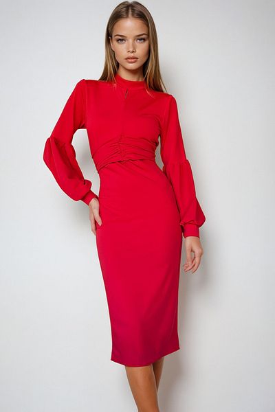 VAGGON Women's Red Waist Draped Stand Collar Balloon Sleeve Dress Prmx10936