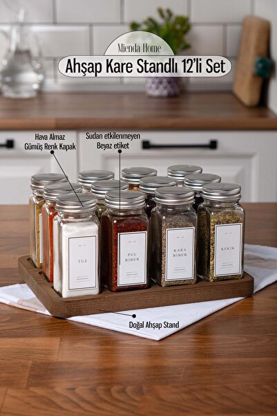 Mienda Home 12'li Cam Baharatlık Takımı Gümüş Kapak Beyaz Etiket Ahşap Stand ...