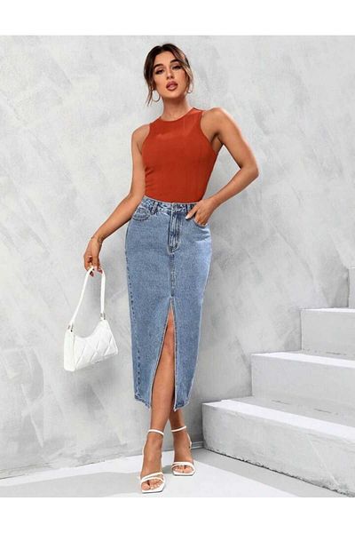 pass&pass 2100-Skirt Women's Lycra Front Slit Jeans Jeans Denim Long Skirt