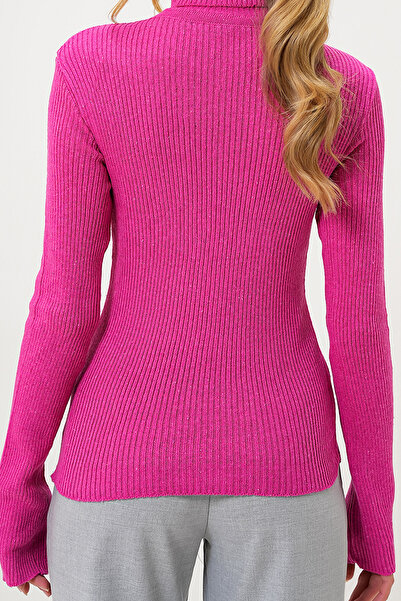 VAGGON Women's Fuchsia Turtleneck Ribbed Knitwear Sweater Vgn-X9381