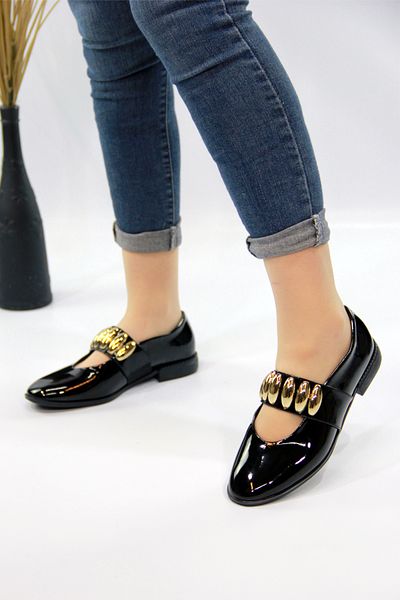 Everest Pantofi de balerină din piele neagră de damă cu accesorii