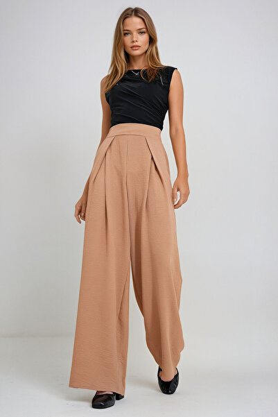 VAGGON Γυναικείο μπισκότο μπροστινό πλισέ Loose Cut Palazzo Aerobin Woven Παντελόνι Prmx12432