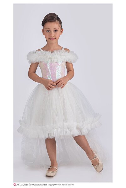 ABİYEKİDS Λευκό παιδικό βραδινό φόρεμα με γκλίτερ παγιέτες - Sweep Train, Wedding Party, ABY170