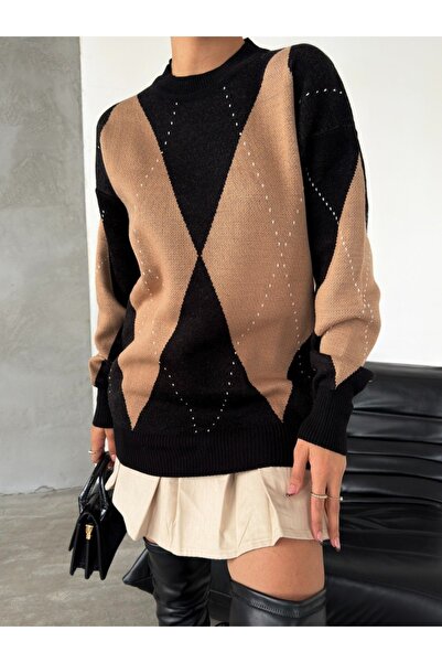 sportiness Pulover oversize din tricot cu model diamant