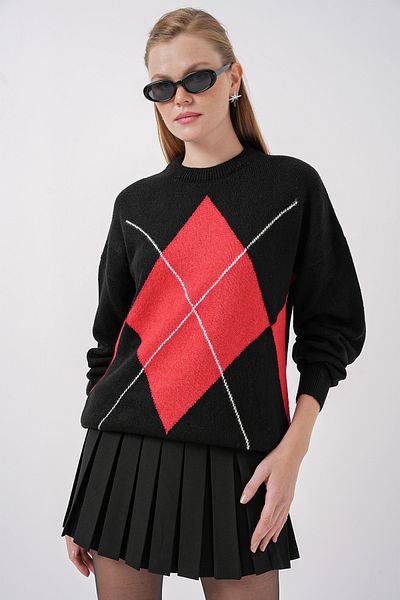Bigdart 15895 Oversize-Strickpullover mit Rautenmuster – Schwarz