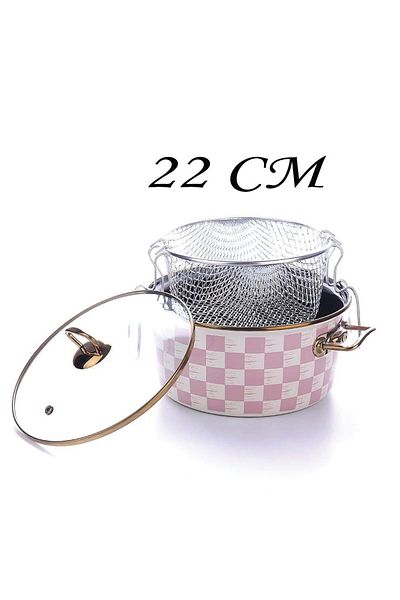 MİEN 22 cm Pink Checkerboard Pattern Enamel Frying Pot