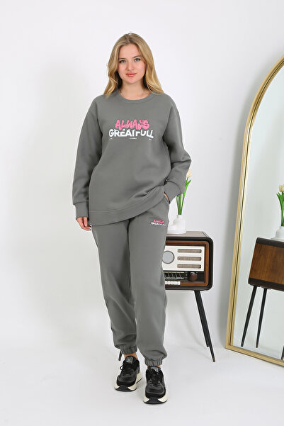 Cliff Kadın Sweat 3 Iplik Eşofman Takımı Yandan Cepli Alt Üst Yumuşacık Içi Polarlı Özel Baskılı