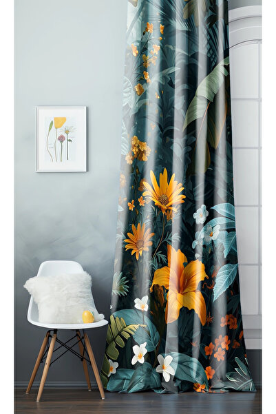 GREENDECOR Flower Green Leaf Pattern Digital Printed Background Curtain (Single Wing) Colorful Modern Nature Design Curtain