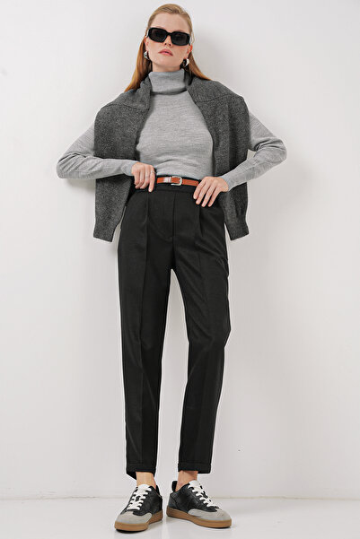 Bigdart 6686 Women's Pleated Belt Fabric Trousers - Black