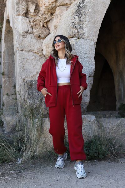 bytugcekaya Σετ με φερμουάρ με κουκούλα μπορντό με τρεις κλωστές