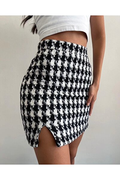 BKUzer Ekoseli Yırtmaç Detaylı Mini Etek