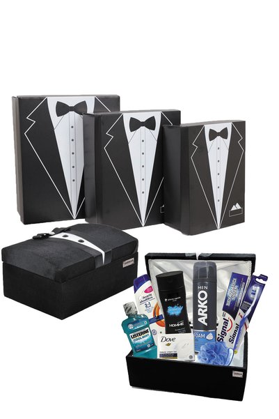 Arko Men Damat Çeyiz Sandık Bohça Seti + Erkek Bakım seti + 3'lü Mukavva Damat Kutusu Nişan Bohçası 9022052