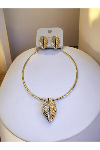 Derlin Yaprak model gümüş ve gold renkli tasma kolye küpe seti
