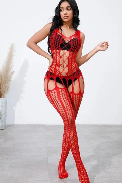 BUSEMSHE Women's Red Suspenders Cut Body Stocking