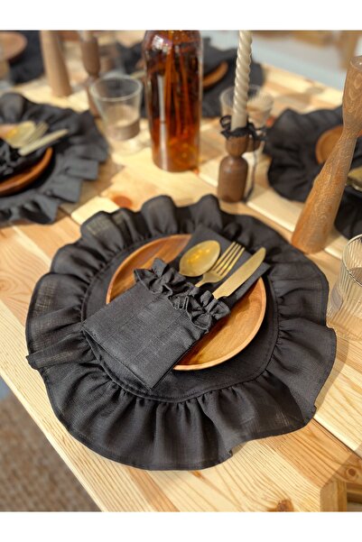 KaiHome 6LI Siyah Keten Kumaş Yuvarlak Fırfır Detaylı Amerikan Servis / Supla
