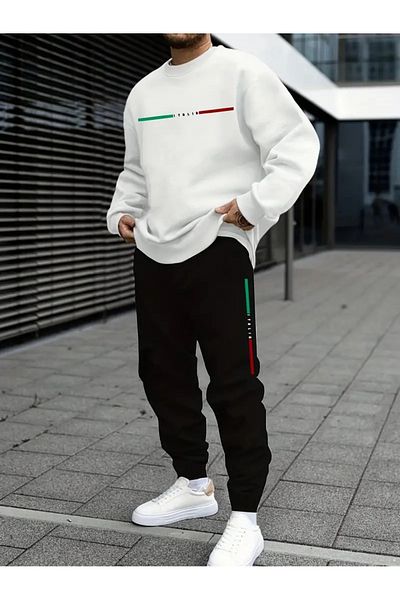 puolikuu Striped Italy Printed Tracksuit Set Sweatshirt Jogger - Oversize Raised Cycling Neck