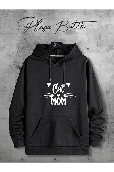 Plaza Butik Hanorac unisex, cu tăietură relaxată, supradimensionat, din bumbac, fleece, cu glugă, cu 3 fire, imprimat pentru mama pisicilor