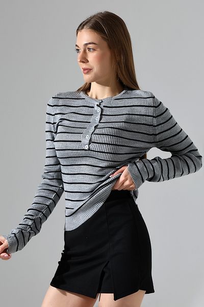 amcacom Striped Button Detail Knitwear Sweater