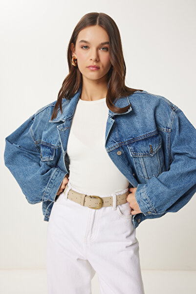 Lovelyİstanbul Jachetă de blugi oversize Buzunar dublu - ALBASTRU LUT0015