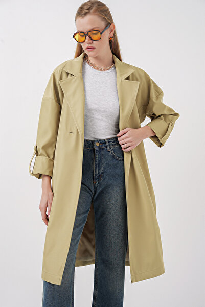 Bigdart 9104 Kruvaze Yaka Astarlı Trençkot - Yağ Yeşil