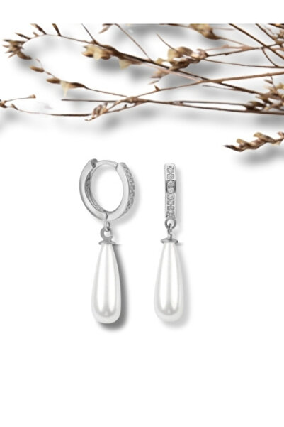 bymissmücevherat Şık ve Zarif 925 Ayar Uzun Drop İnci Taşlı Gümüş Küpe