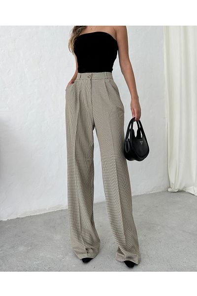 Bak'ap High Waist Pleated Gingham Plaid Plaszo Fabric Pants