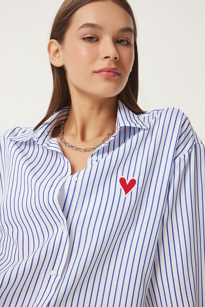 Lovelyİstanbul Cămașă din popelin - oversize, cu dungi și broderie inimă ALB LDX0001
