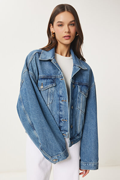 Lovelyİstanbul Jachetă de blugi oversize Buzunar dublu - ALBASTRU LUT0015