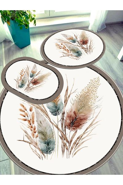 Ardizayn Pampas Pattern - Αντιολισθητική βάση, Στρογγυλό χαλί μπάνιου (100X100-60X60-40X60 CM ΣΕΤ 3)