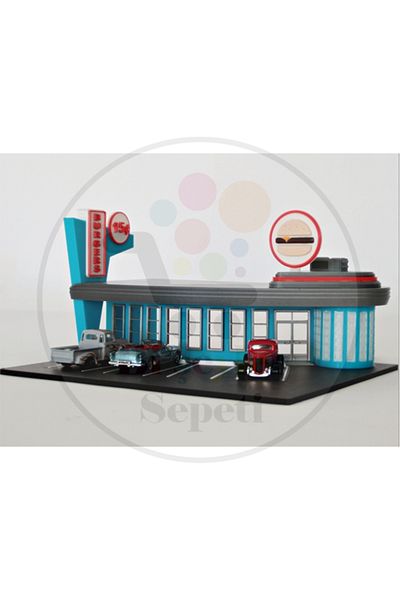 Bi'şeyler Sepeti 1:64 60S Drive-In Diner Diorama - Car Parking Restaurant Diecast (Excluding Car)