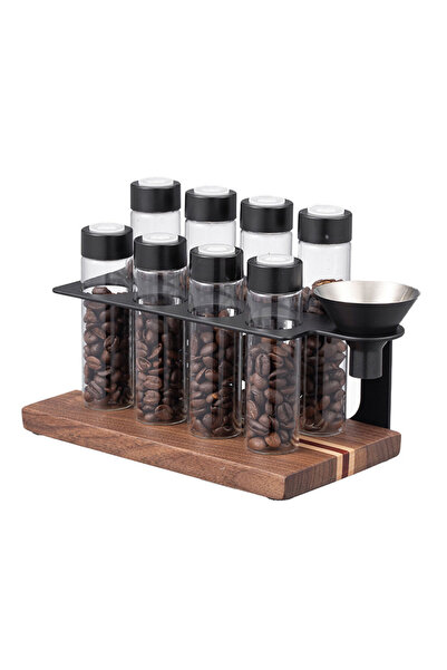 MIBRU مجموعة زجاجات قهوة جرعة واحدة مكونة من 8 قطع بقاعدة خشبية وقمع للتعبئة