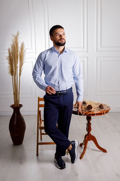 Sarar Cămașă albastru deschis din bumbac cu model în carouri Eleta, cu buzunare