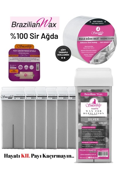 Smoothly 6 adet SİLVER Brazılıan Rool on kartuş ağda 25 mt sir ağda bezi 1 ad.tüy azaltıcı losyon