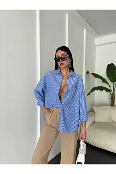 Butik Mavi Beyaz Çizgili Oversize Cepli Gömlek