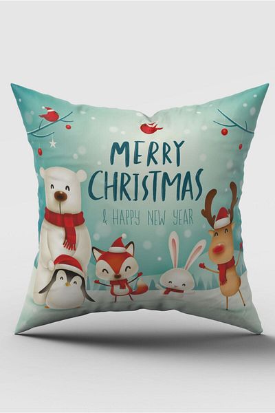 SasoHome Happy New Year and Cheerful Animals Patterned Digital Printed Throw Pillow Cover