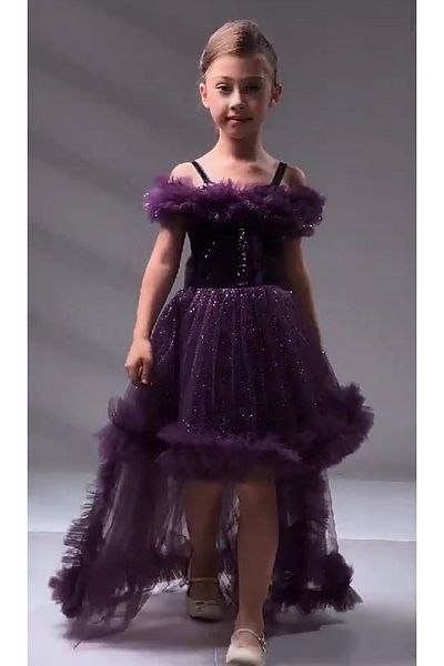 ABİYEKİDS Lurex Sequined Plum Evening Dress - Sweep Train Style, Wedding Party Kids Dress Aby170